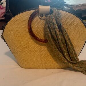 Patricia Nash Cream Woven Satchel with Wooden Accent